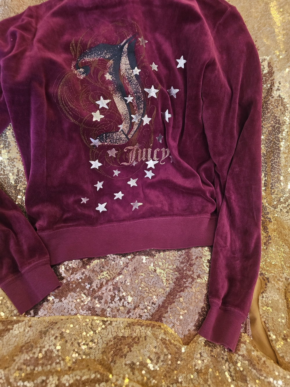 Juicy Couture Plum Velvet Crewneck with Silver Star Accents